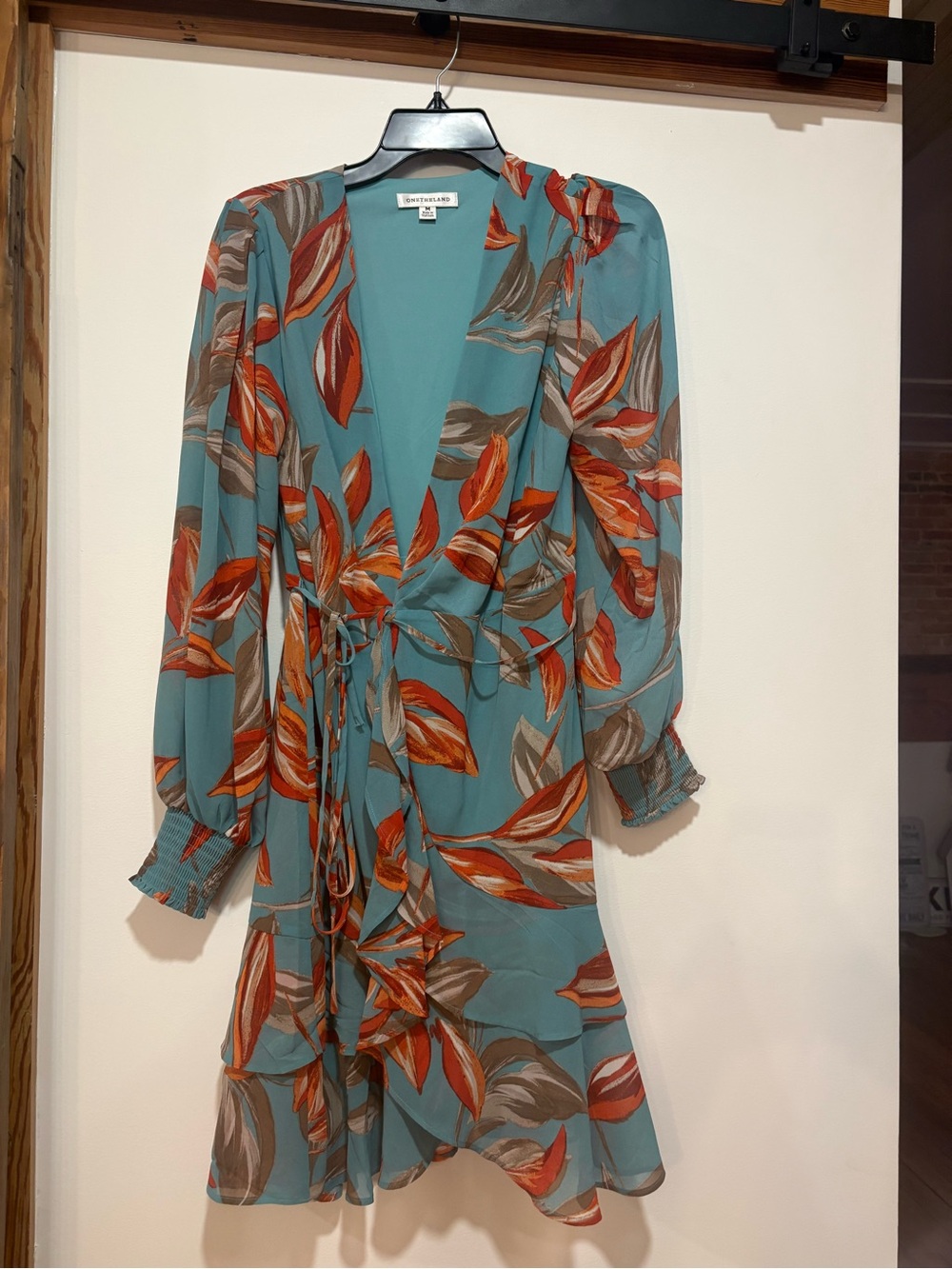 Floral Teal Wrap Dress with Rust Leaf Print